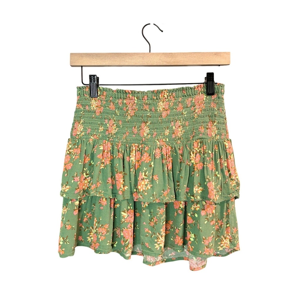 Aerie Floral Smocked Tiered Mini Skirt Sage Green Boho Ruffle Size XS